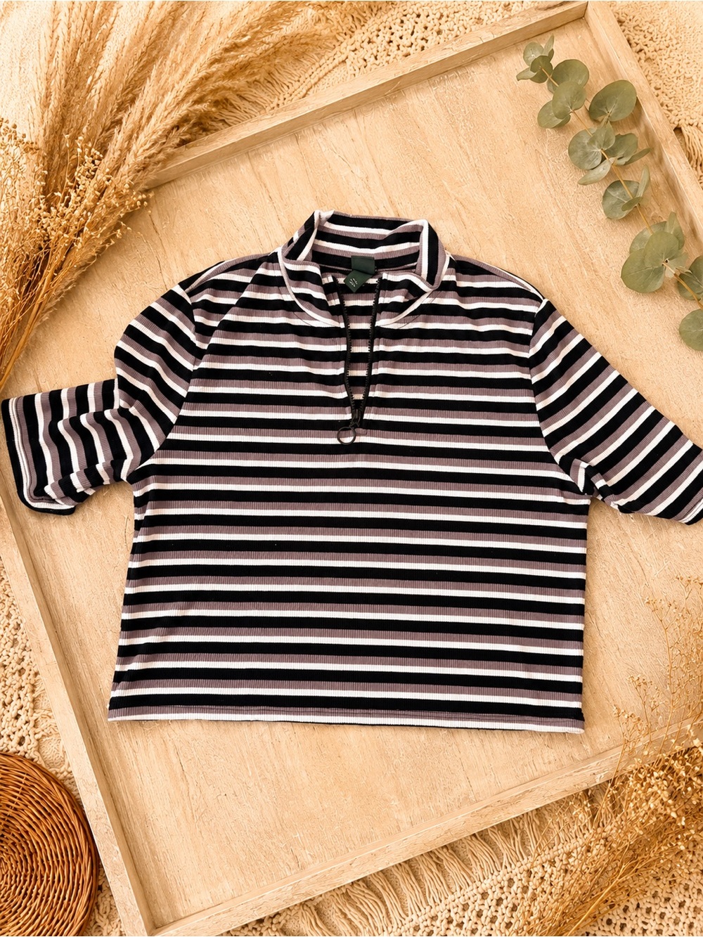 wild fable Black & White Striped Half-Zip Tee